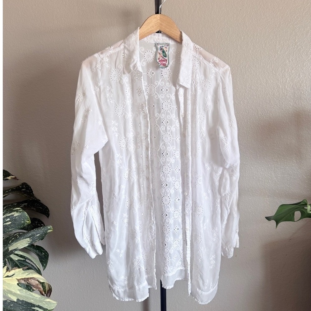 Johnny Was White Eyelet Embroidered Button Down Tunic Shirt Womens Medium
